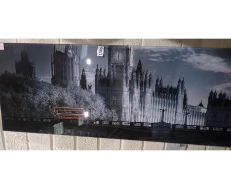 London Bus Artwork: glazed print, 117 x 39 cm, damage to lower right. Not available for in-house P&amp;P 