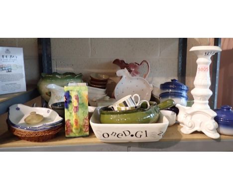 Shelf of mixed ceramics including jug, H: 25 cm. Not available for in-house P&amp;P 