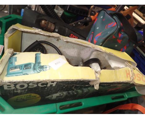 Box of mixed workshop tools including Bosch electric hammer drill. All electrical items in this lot have been PAT tested for 