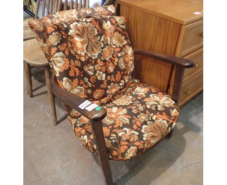 Pair of Ercol type stick back chairs and further low seat oak arm chair with later reupholstered cushions. Not available for 