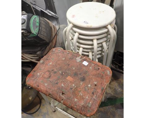 Eight white tubular metal stacking stools and step stool. Not available for in-house P&amp;P 
