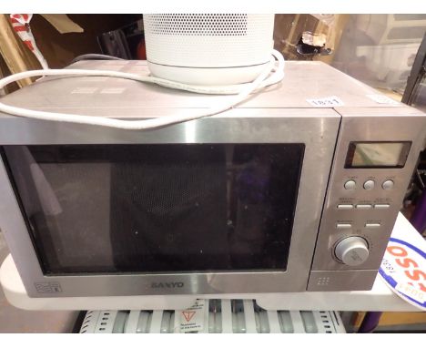 Stainless steel Sanyo microwave oven with quartz grill Delonghi oil filled radiator and a fan heater. All electrical items in