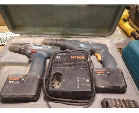 Two cordless Bosch drills GSB 12VES-2 and another both with batteries and charger. All electrical items in this lot have been