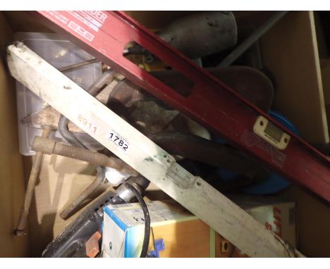 Box of mixed tools including spirit levels. Not available for in-house P&amp;P 