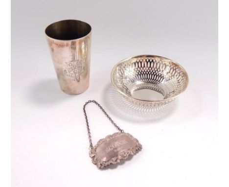A Victorian silver beaker, armorial engraved and dated 1898, London 1898, George V circular pierced sweetmeat dish, Birmingha