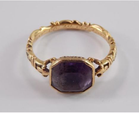A George II amethyst and black enamel set mourning ring, engraved Mary Speer ob 29 Oct 1752 aet 82, size I, 3.6g.