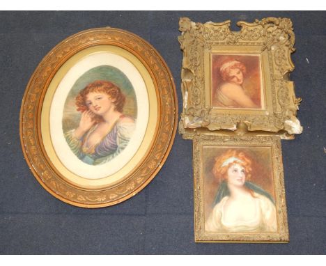 English School (19thC). Half length portrait of Lady Hamilton, watercolour, 21cm x 16cm, and two further portraits of ladies,