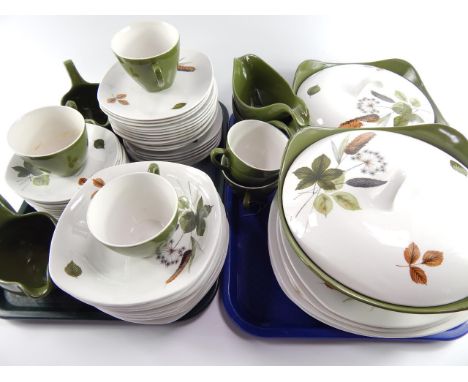 A Midwinter pottery part dinner and tea service, decorated in the Riverside pattern, comprising; pair of tureens and covers, 