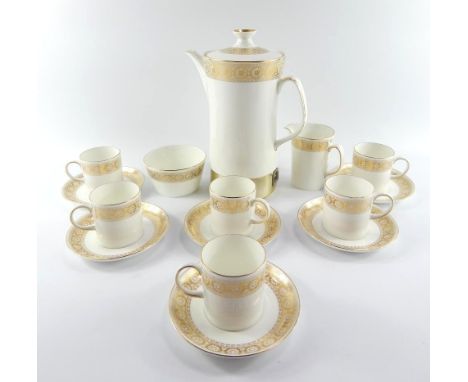 A Wedgwood porcelain part coffee service, decorated in the Marguerite pattern, comprising percolator, cream jug, sugar bowl, 