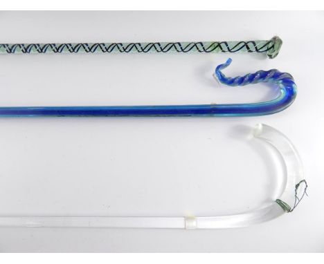 A Victorian end of day glass walking stick, with brown, blue and white spiral twist decoration, 80cm long, blue glass shepher