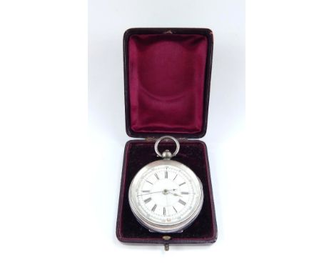 A late 19thC silver chronograph pocket watch, open faced, key wind, enamel dial bearing Roman numerals.