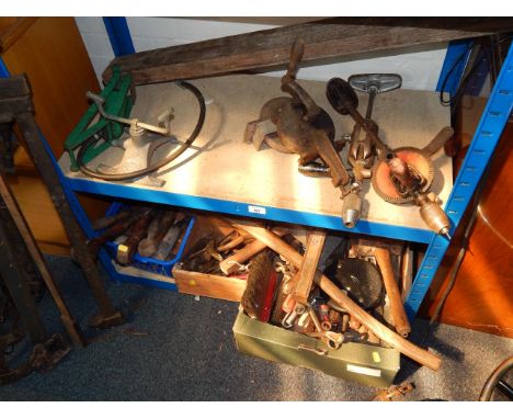 A grinding wheel, hand drills and sundry tools, (qty).
