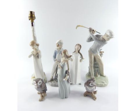 Six Lladro porcelain figures, comprising a golfer, girl stretching, boy sitting with a pond yacht, and a lady in evening dres