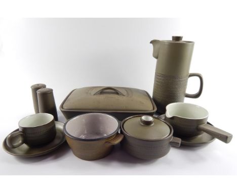 A Denby pottery part dinner and coffee service, decorated in the Chevron pattern, comprising casserole dish, pair of vegetabl