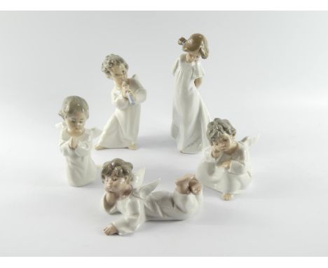 Four Lladro porcelain figures of cherubs, and a Nao figure of a girl, (5).