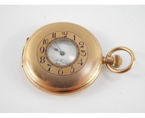 An Ansonia Watch Company gold plated early 20thC half hunting cased pocket watch, enamel dial bearing Roman numerals, subsidi