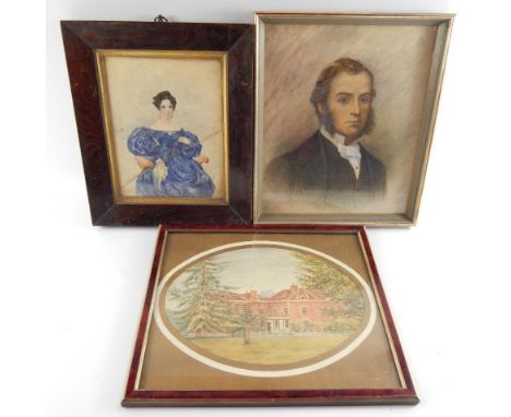 English School (mid 19thC). Rev Henry Swabey MA, half length portrait, watercolour, 28cm x 23cm; Regency portrait of a seated