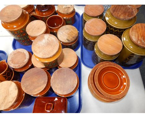 A group of Hornsea pottery storage jars, some named, and tea wares, decorated in the Heirloom, Bronte, Saffron and Tapestry p