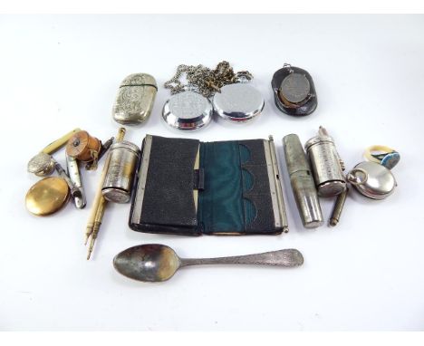 A pair of Victorian steel framed pince nez, sovereign and sixpence holders, leather purse, two Sekonda hunting cased pocket w