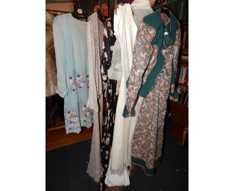 Vintage 1940's dresses, jacket and full length skirt, and a wedding dress, (5).