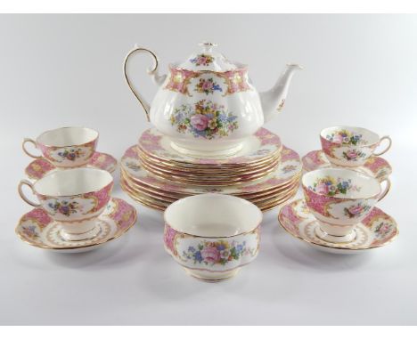 A Royal Albert porcelain part tea service, decorated in the Lady Carlyle pattern, seconds, comprising teapot, sugar bowl, six