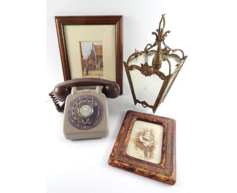 A brass hall lantern with four frosted glass panels, 33cm high, twin tone GPO telephone, circa 1970's, framed photograph and 
