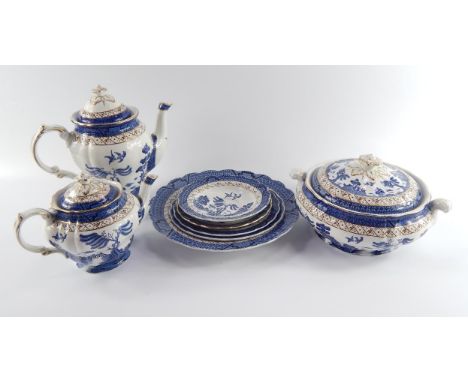 A Booths pottery part dinner tea and coffee service, decorated in the Real Old Willow pattern, comprising three graduated mea