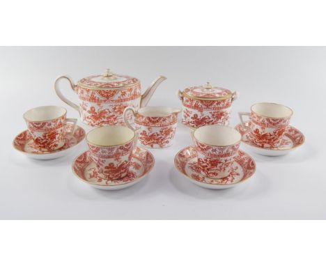 A Royal Crown Derby porcelain part tea service, decorated in the Victoria pattern, late 19thC, iron red, comprising teapot, c