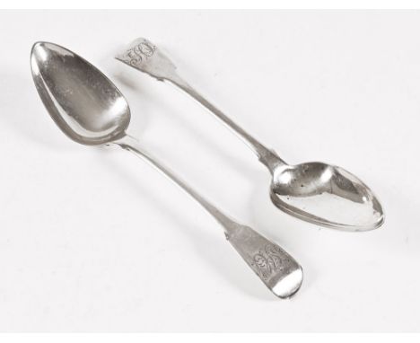 A pair of Georgian silver spoons, London makers Richard Crossley and George Smith IV, date letter O 1809.  Length 22.5 cm, we