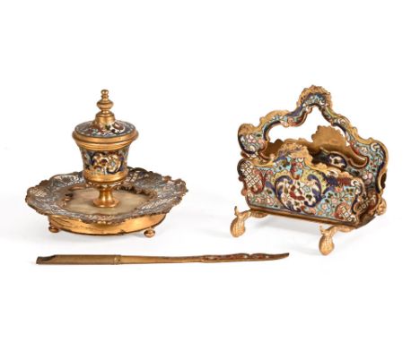 Three pieces of cloisonne, an inkwell with onyx base, letter rack and a pen/quill holder.