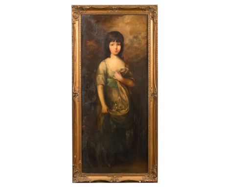 An oil painting on canvas, full length portrait of a young girl with flowers.  127 cm x 53.5 cm in gilt frame.   CONDITION RE