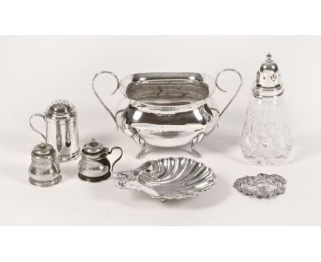 A large two handled sugar basin, Birmingham 1911 maker Joseph Gloster together with a scallop shaped dish, a small sifter, tw