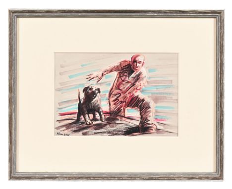 Peter Howson OBE (Scottish born 1958), a crayon and pen drawing man with dog, signed Howson.  14 x 21 cm, framed and mounted 