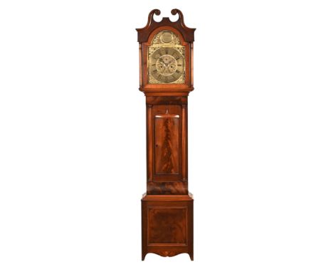 James Bell eight day longcase clock, with calendar movement, with a brass dial the case with swans neck pediment and with tur