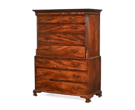 A George III mahogany tallboy, with moulded dentil cornice above a crossbanded frieze with two short and three long graduated