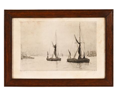 JH Wiley an etching "Thames Off Greenwich", 15 x 23 cm, in an oak frame.