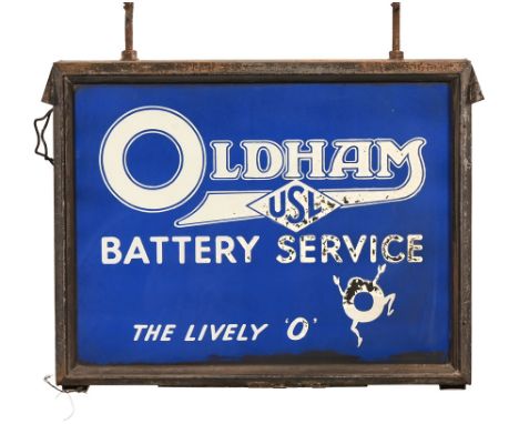 A vintage Oldham USL Battery Service illuminated advertising sign, with the caption "The Lively O" (not tested).  Height excl