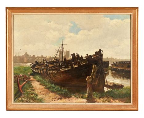 JHP Tamlin (flourished 1903 died 1911), an oil on canvas "Shipwrecks at Kings Lynn", signed and dated 1909.  44 x 59 cm, fram