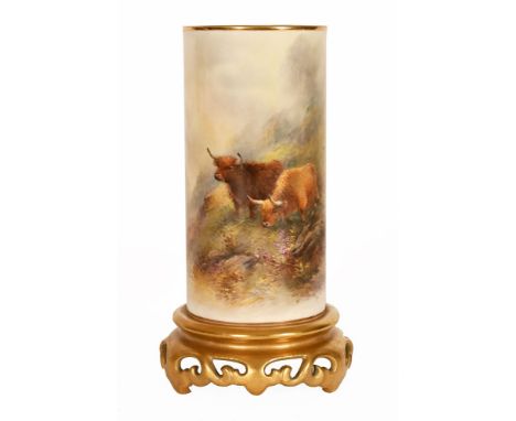 Harry Stinton Royal Worcester vase, decorated with highland cattle in a mountainous landscape, signed H Stinton with puce mar