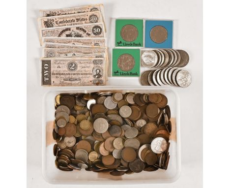 A quantity of vintage world coins, and various bank notes.