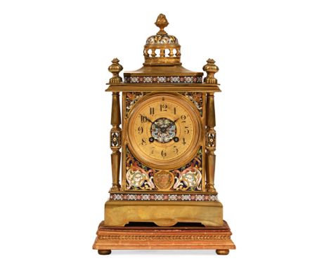 Spittall Paris a champleve enamel mantel clock, the dial marked Spittall Paris.  Height +/- 332 cm, comes with gilt stand, pe