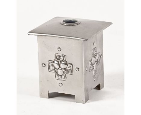 A Scottish School Arts and Crafts Glasgow style Ruskin mounted white metal tea caddy, embossed decoration to four sides and w