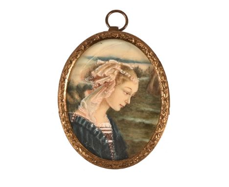 A 19th century portrait miniature on ivory of The Madonna, in a gilt oval frame excluding hanging loop 5.3 cm x 4.5 cm.  NOTE