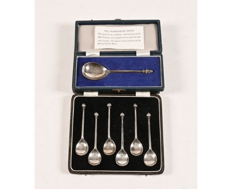 A cased set of six silver coffee spoons, London 1938 maker William Suckling Limited, together with a reproduction Maidenhead 