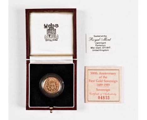 A Royal Mint (Lantrisant) 500th Anniversary of the first gold sovereign 1489-1989 with certificate of authenticity, encapsula