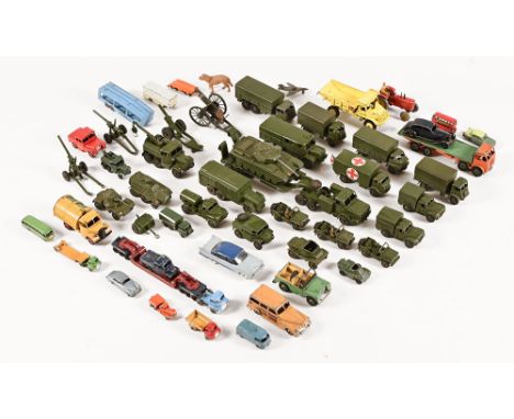 A collection of Lesney and Dinky Super toys, army vehicles, including tank transporter, armoured command vehicle, tractors, e