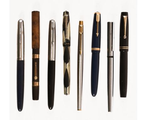 A gold mounted vintage fountain pen, and seven others, miscellaneous including Parker etc (see illustration).   CONDITION REP