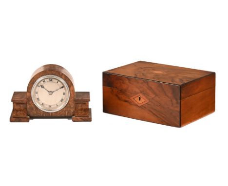 A Victorian walnut box, width 25 cm, together with a burr walnut cased mantle clock with silvered dial.  Width 21 cm, height 