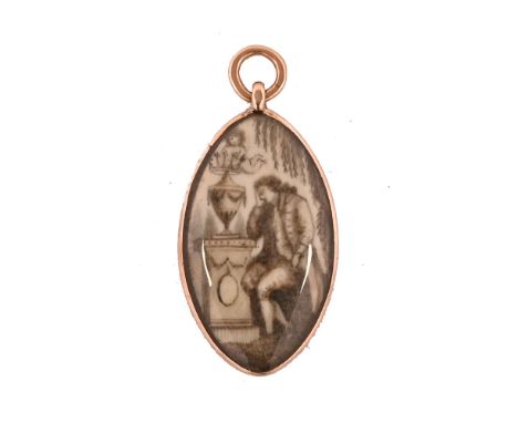 A George III mourning gold coloured locket, with portrait possibly on ivory, depicting a gentleman mourning by an urn, marked