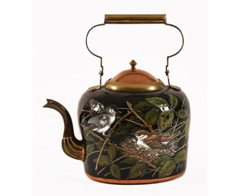 A planished metal large teapot, copper and brass hand painted with birds.  Height including handle 44 cm.